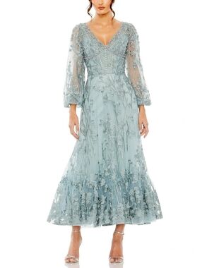 Mac Duggal Seafoam Green Embroidered Floral Beaded Tea Length Gown Dress